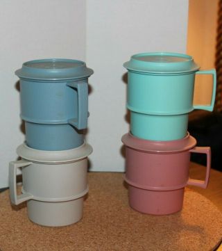 Tupperware Mugs,  Set Of 4,  With Coaster/lids In Pastel Colors