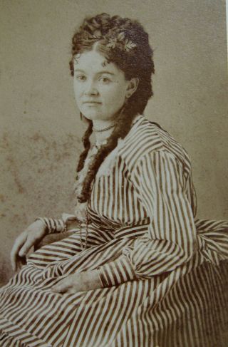 Cdv Photo Of Young Woman With Long Curls Wearing Lovely Striped Dress