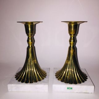 2 Vintage Marble Based Brass Candle Stick Holders 7”