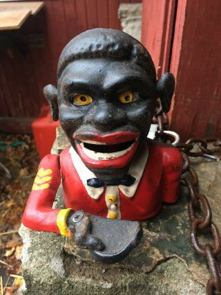 Vintage Old Jolly Cast Iron Money Box Piggy Bank Black Man Pull Lever Great Deal