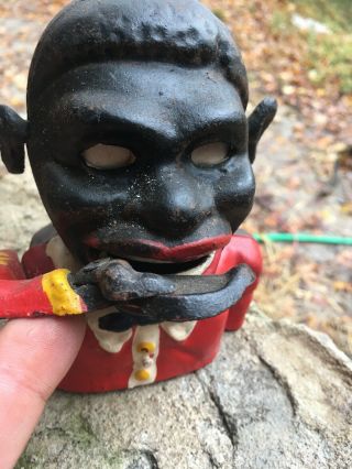 Vintage Old Jolly Cast Iron Money Box Piggy Bank Black Man Pull Lever GREAT DEAL 3