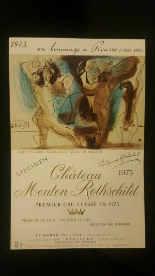 1973 Chateau Mouton Rothschild Wine Label Art By: Pablo Picasso
