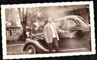 Vintage Antique Photograph Young Man Standing By 1935 Ford Automobile / Car