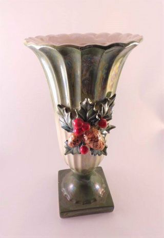 Vintage Norcrest Green Vase With Applied Holly
