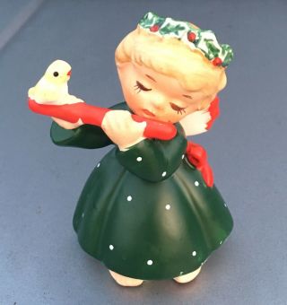 Vintage Lefton Christmas Angel Playing Flute With Bird Figurine Mid Century
