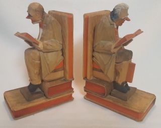 Unique Hand Carved Wood Bookends Grumpy Old Men