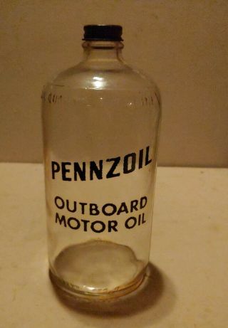 Early Vintage Pennzoil Outboard Motor Oil Quart Glass Bottle Jar W Lid