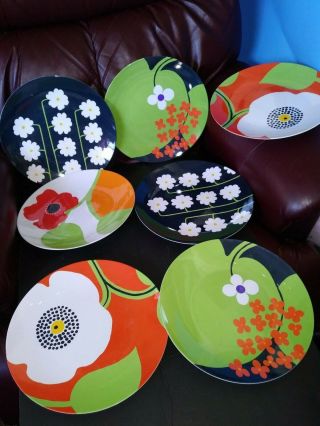 Melamine 11 " Floral Dinner Plates Set Of 7 Vibrant Colors Great For Picnics