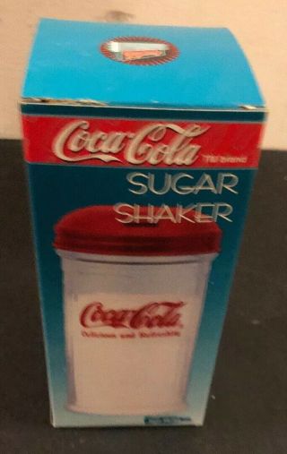 Vintage 1992 Coca - Cola Glass Sugar Shaker Jar Red Metal Lid Restaurant Style