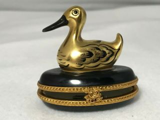 Vintage Limoges - Peint Main - Porcelain Trinket Box - All Black With A Gold Duck