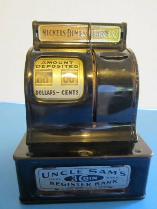 Vintage Durable Toy Co.  NJ - USA - Black Tin Uncle Sam ' s 3 Coin Register Bank 2