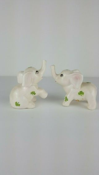 Set Of 2 Vintage Elephant Figurines Irish Lefton Handpainted White W/ Shamrocks