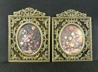 2 Vintage Victorian Wall Hangings Italy Gold Metal Frame Floral Picture 4 " X 5 "
