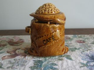Vtg 1970’s Ceramic Coffee Jar Cafe Canister Burlap Sack Coffee Beans Lid Japan