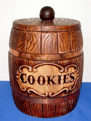 Vintage Whiskey Barrel Cookie Jar Copper Bands Mid Century Treasure Craft