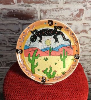 Iguana And Cactus By Karen Gelff Ceramic 8 " Plate Signed By The Artist 