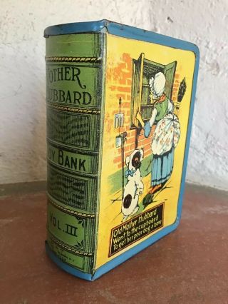 Antique Mother Hubbard Tin Toy Bank Book Shape Made Usa Kirchhoff Great Graphics