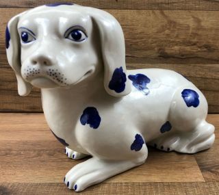 Vintage Maitland Smith Heavy Ceramic Puppy Dog Statue Blue Spots Hand Painted