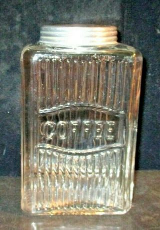 Vintage Ribbed Glass Embossed Coffee Jar Angular Shape W Lid 7 1/4 "