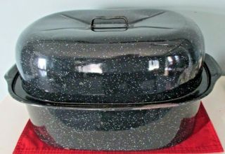 Very Large Black Speckled Enamelware Roasting Pan With Lid