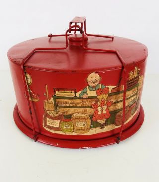 Vintage Metal Cake Carrier Locking Handle Painted Red With Country Store Decals