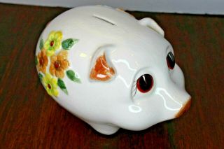 Vintage Large Lefton Ceramic Pig Piggy Bank Painted Flowers 10 X 7