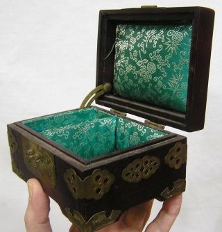 Vintage Mahogany And Brass Trinket Box Satin Lining Shanghai 1940s