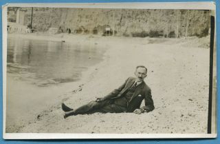 34306 Greece 1930s.  Man With Suit On The Beach.  Photo Pc Size Rppc.