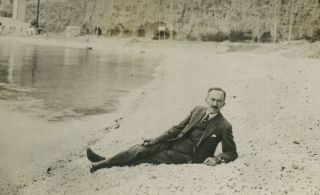 34306 Greece 1930s.  Man with suit on the beach.  Photo PC size RPPC. 3