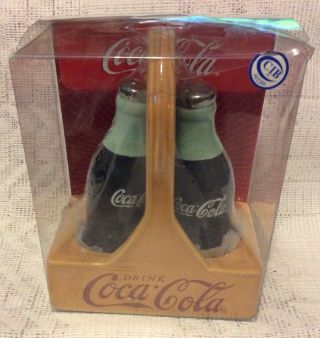 Coca Cola Coke Salt & Pepper Shakers Ceramic Bottles In Carrier Nip