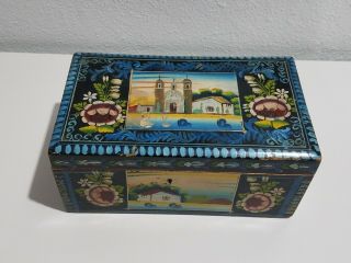 Vintage Hand Painted Mexican Folk Art Box Corona Olinala Wood Box Wooden Mission