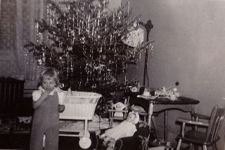 Old Vintage Antique Photograph Little Girl With Toys And Doll By Christmas Tree