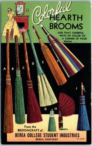 1940s Linen Advertising Postcard Berea College Student Industries Hearth Brooms