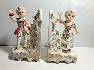Antique Lefton Bookends Figurines White Hand Painted Gold Vintage Ceramic Japan