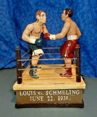 Joe Louis Vs Schmeling Action Boxing Match In Ring Cast Iron Mechanical Bank