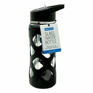 Drinkmate Glass Water Bottle W/ Black Sleeve & Flip Lid Straw,  12 Oz