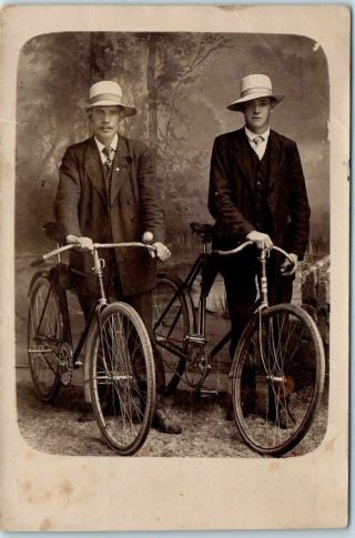 Vintage Rppc Studio Photo Postcard Two Young Men With Bicycles Sweden 1913