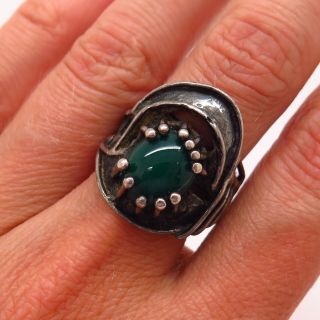 925 Sterling Silver Vintage Real Green Onyx Gem Tribal Design Ring Size 7.  5