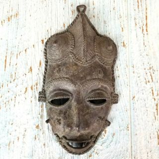 Vintage African Bronze? Tribal Art Mask Wall Decor Benin? Sand Cast Metal Africa