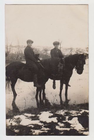 Vintage 1930s Real Photo Two Young Man On Horses One With Cute Dog