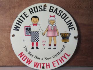 White Rose Gasoline  Vintage Gas & Oil Porcelain 12  Plate With Ethyl 1929