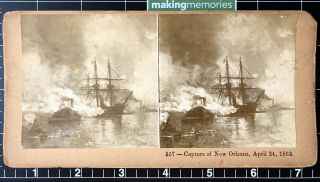Stereoview Card - Capture Of Orleans,  1862 - Civil War - Naval Battle