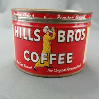 Hills Bros Coffee Can Vintage Metal Tin Empty One Pound Size Red