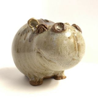 Hippo Hippopotamus Piggy Penny Coin Bank Bookend Clay Handmade Tan Blue Glazed