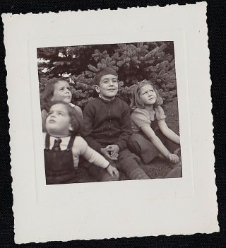 Vintage Antique Photograph Four Adorable Little Children Sitting In Yard