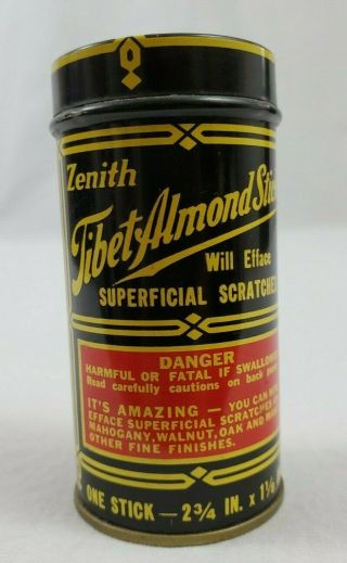 Vintage Zenith Tibet Almond Stick Tin Scratches Wood Black Yellow Lettering