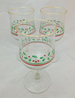 3 Vintage 1987 Arbys Christmas Holly Berry Bow On Stem Glasses Wine Water Libbey