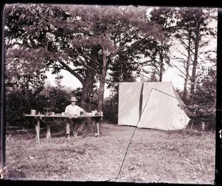 One (1) Late 1800s/early 1900s Glass Negative;campin Scene (has Searated Cracks)