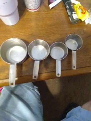 Vintage Set Of 4 Foley Script Measuring Cups Stainless 1/4,  1/3,  1/2 & 1 Cup