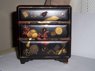 Antique Black Lacquered Oriental Chest Travel Jewelry Trinket Box Inlay Coins